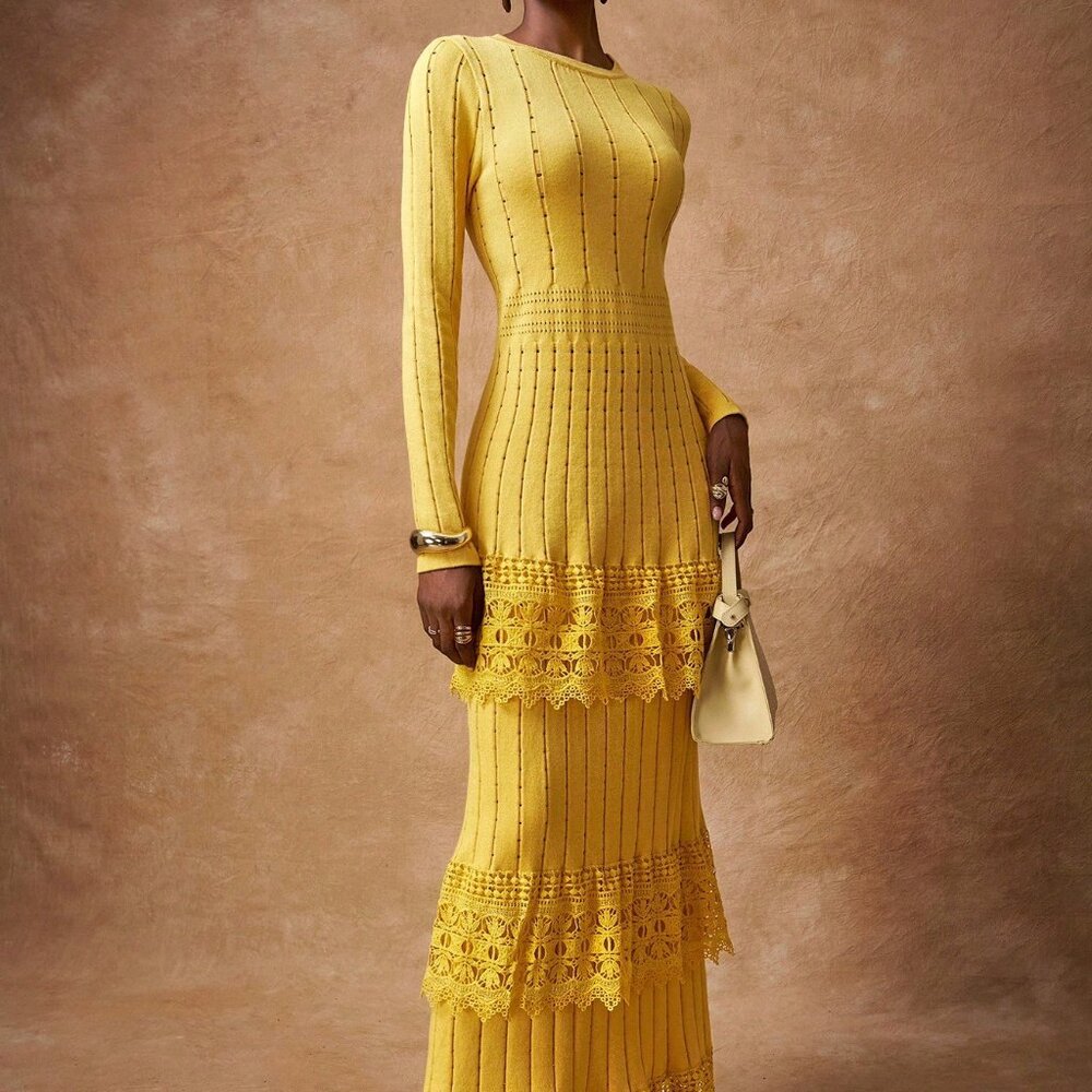 Yellow Elegant Women's Long Sleeve Lace Maxi Dress